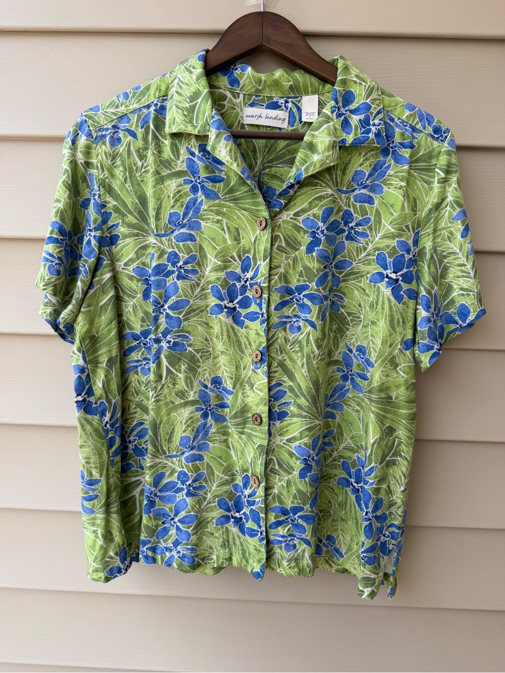 Marsh Landing Green Blue Tropical Floral Rayon Button Front Shirt Size Large